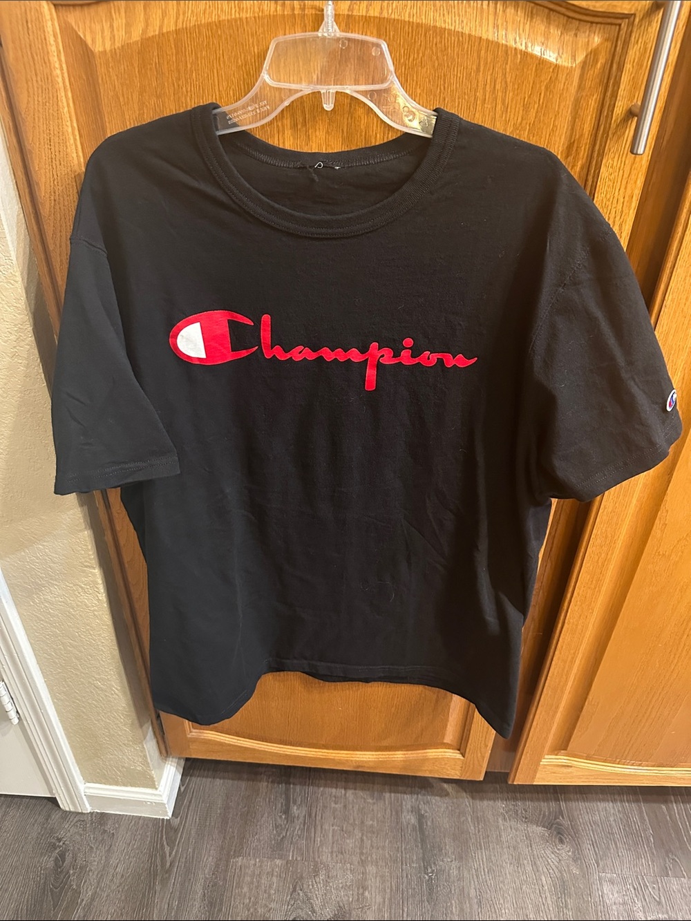 Champion Black Tee with Red Script Logo